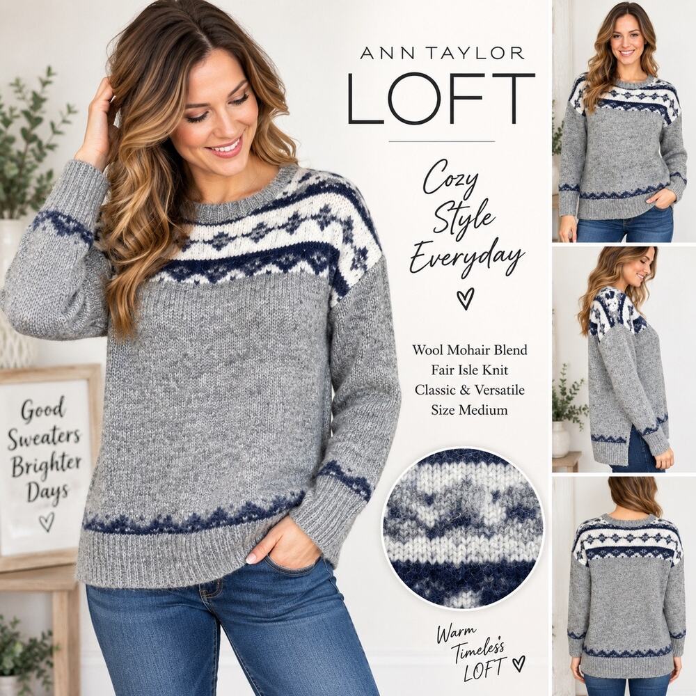 Ann Taylor LOFT Sweater Womens Medium Wool Mohair Fair Isle Gray Navy Nordic